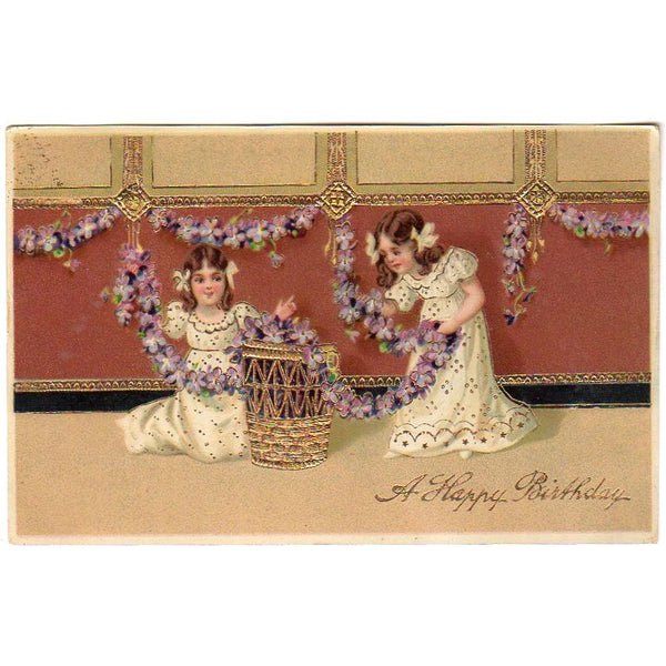 Vintage 1910s Gold Foil Birthday Postcard Little Girls Garland of Purple Flowers - Avid Vintage