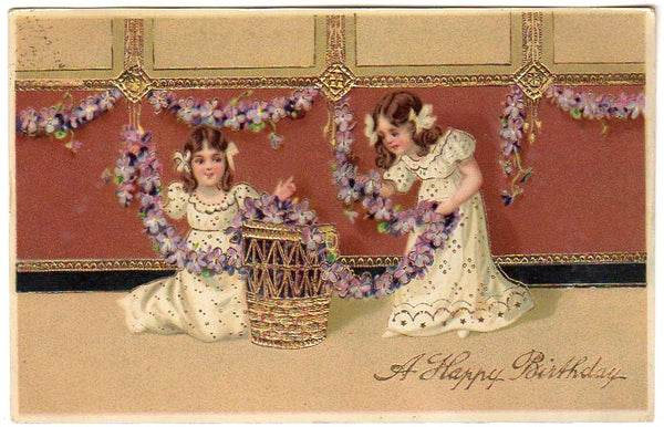 Vintage 1910s Gold Foil Birthday Postcard Little Girls Garland of Purple Flowers - Avid Vintage