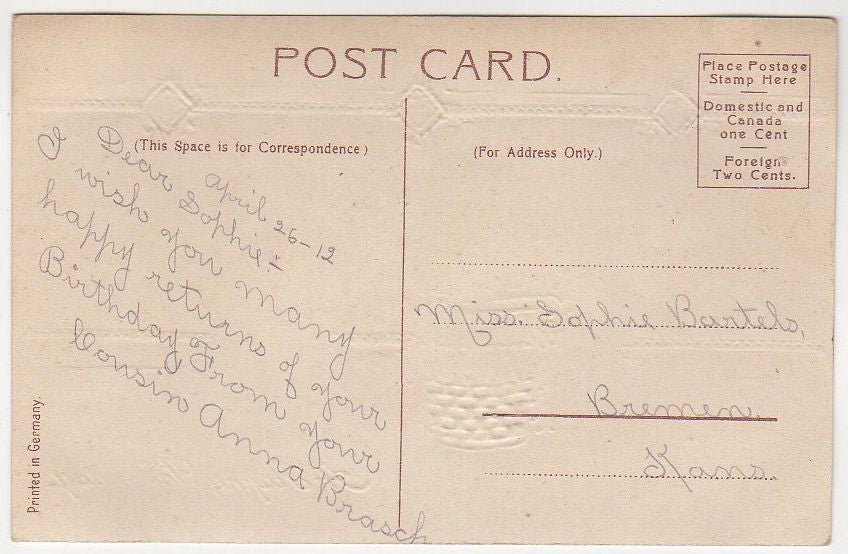 Vintage 1910s Gold Foil Birthday Postcard Little Girls Garland of Purple Flowers - Avid Vintage
