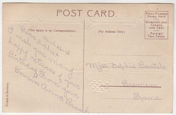 Vintage 1910s Gold Foil Birthday Postcard Little Girls Garland of Purple Flowers - Avid Vintage