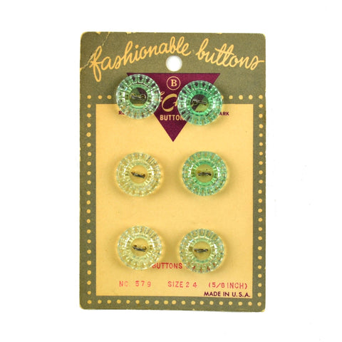 Vintage Le Chic Carded Buttons Clear Plastic Round Green 6 on Card No 579 Size 24 - Avid Vintage