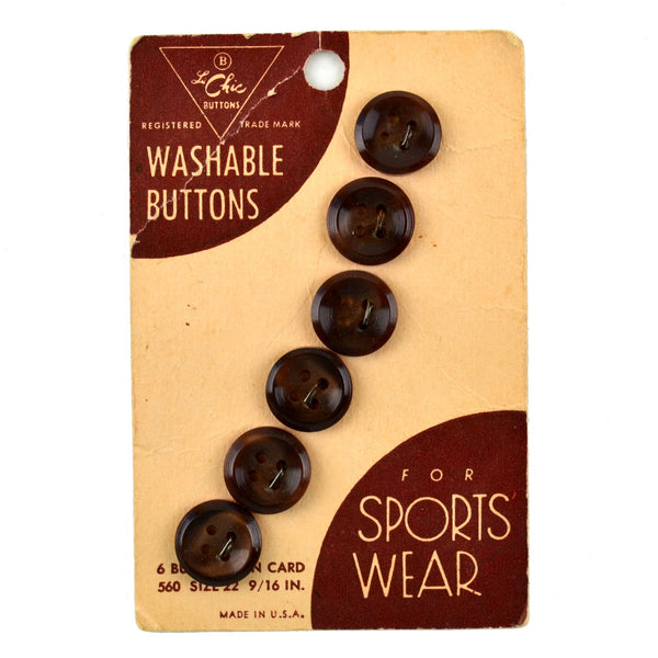 Vintage Le Chic Carded Brown Buttons for Sports Wear 6 on Card No 560 Size 22 - Avid Vintage