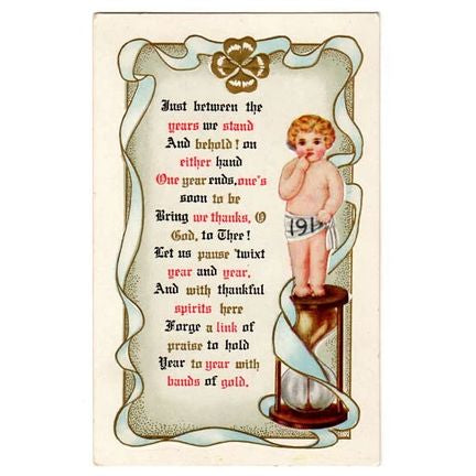 Antique 1900s New Year Postcard, Embossed Baby Sand Hourglass Gold Shamrock - Avid Vintage