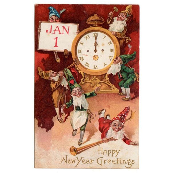 Vintage New Year Gnomes January 1 Postcard Large Gold Clock - Avid Vintage
