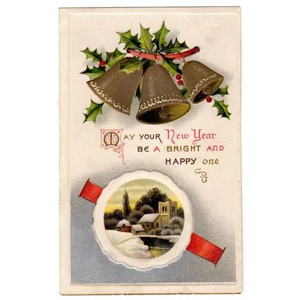 Vintage 1900s Christmas Postcard Winter Church Scene Holiday Greeting Gold Bells - Avid Vintage