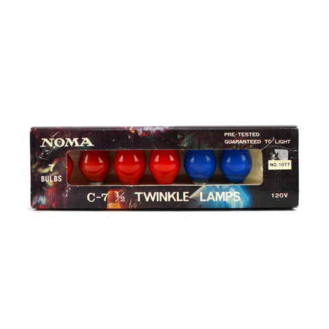 Vintage Noma Twinkle Lamps Christmas Light Replacement Bulbs C 7 1/2 No 1077 Boxed Set of 7 - Avid Vintage