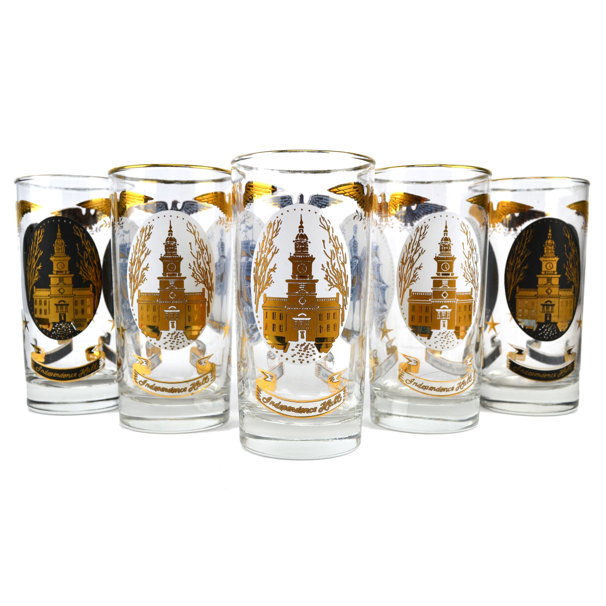 Vintage Patriotic Highball Glass Tumblers Set of 5 Americana Medallions Libbey Glassware 12 oz - Avid Vintage