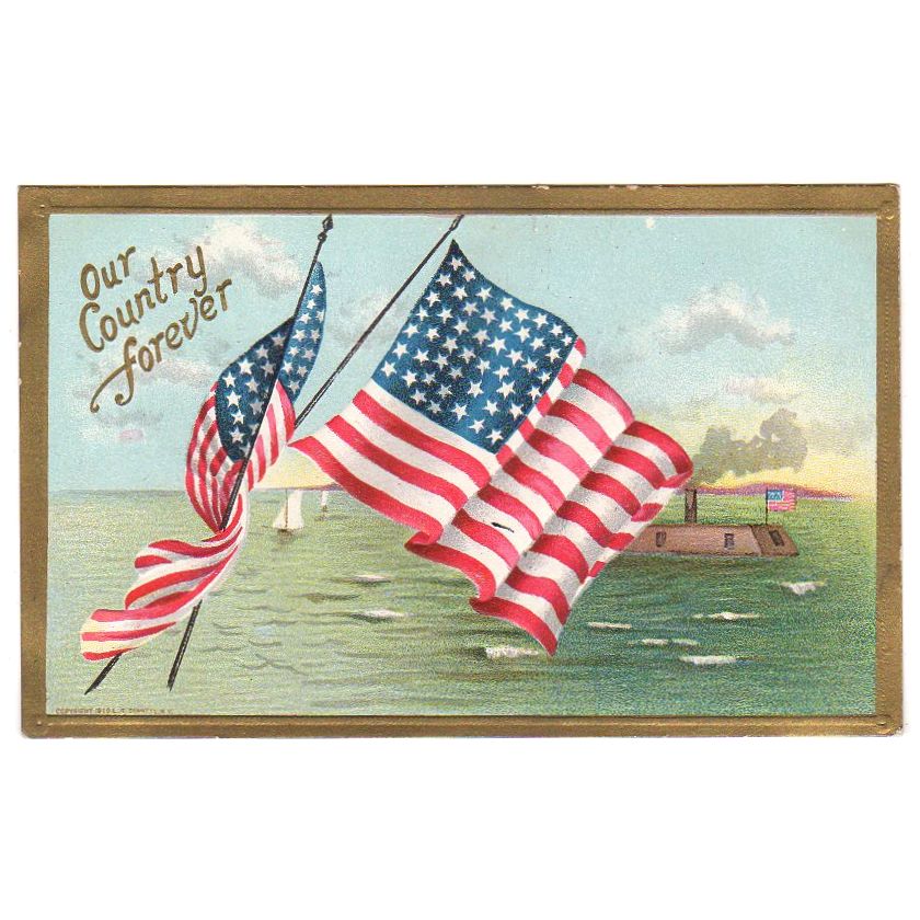 Vintage Patriotic Postcard US Flag Battleship Our Country Forever Unused - Avid Vintage