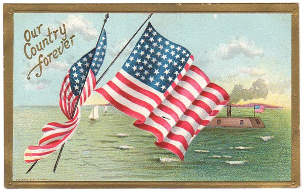 Vintage Patriotic Postcard US Flag Battleship Our Country Forever Unused - Avid Vintage