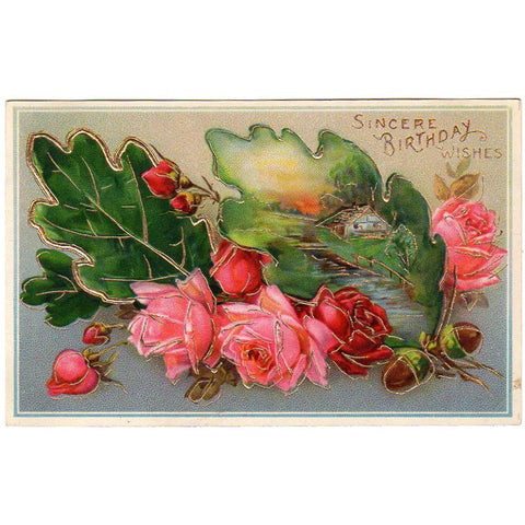 Vintage Roses and Country Stream Scene Gold Foil Birthday Wishes Postcard - Avid Vintage