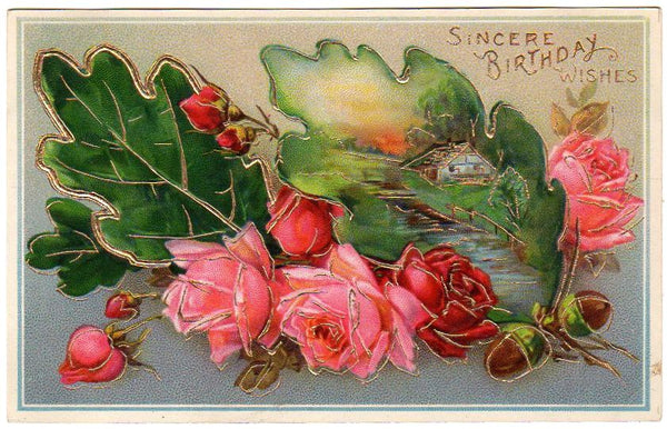 Vintage Roses and Country Stream Scene Gold Foil Birthday Wishes Postcard - Avid Vintage