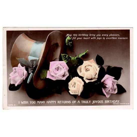Vintage Rotary Photo Birthday Postcard Top Hat Blue Ribbon Tinted Roses - Avid Vintage