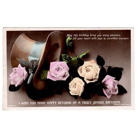 Vintage Rotary Photo Birthday Postcard Top Hat Blue Ribbon Tinted Roses - Avid Vintage