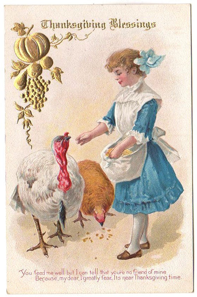 Vintage Thanksgiving Blessings Embossed Postcard Girl Feeds Turkeys Unused - Avid Vintage