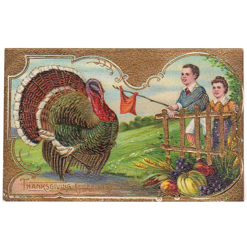 Vintage Thanksgiving Greetings Gold Foil Postcard Children Red Flag and Large Turkey - Avid Vintage