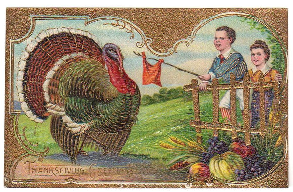 Vintage Thanksgiving Greetings Gold Foil Postcard Children Red Flag and Large Turkey - Avid Vintage