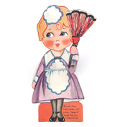 Vintage Valentine Card Girl Maid with Feather Duster Mechanical Easel Back - Avid Vintage