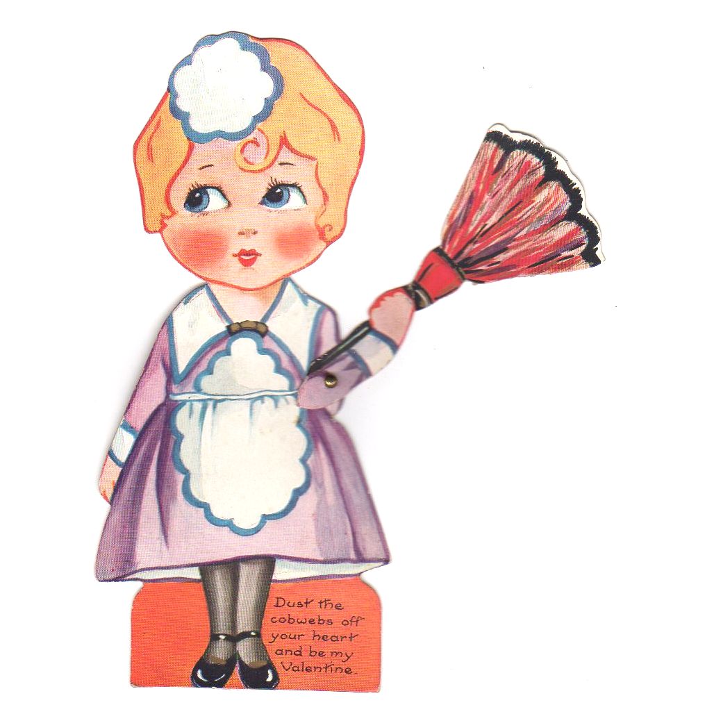 Vintage Valentine Card Girl Maid with Feather Duster Mechanical Easel Back - Avid Vintage