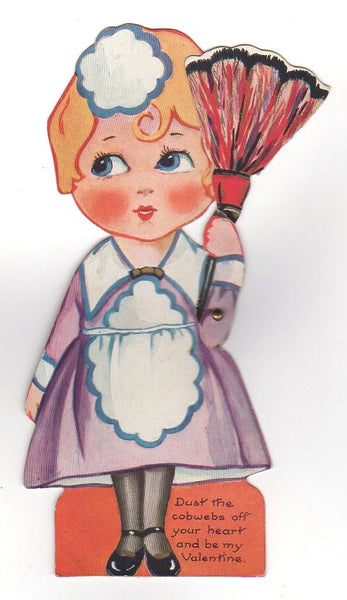 Vintage Valentine Card Girl Maid with Feather Duster Mechanical Easel Back - Avid Vintage