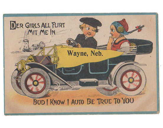 Vintage Wayne Nebraska Pennant Postcard Children Riding in Antique Car - Avid Vintage