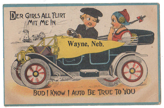 Vintage Wayne Nebraska Pennant Postcard Children Riding in Antique Car - Avid Vintage