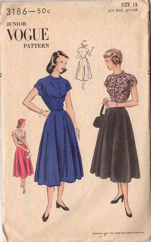 Vintage 1950s Vogue Pattern 3186 Front Button Dress with Kimono Sleeves Bust 31.5 Hip 35.5