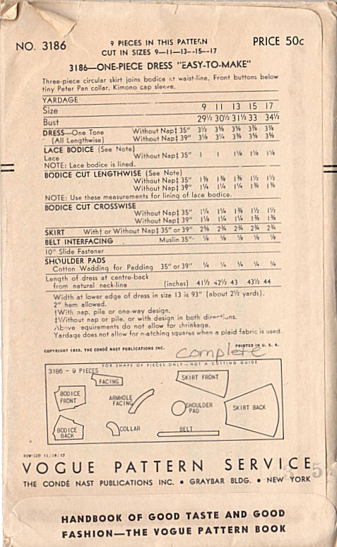 Vintage 1950s Vogue Pattern 3186 Front Button Dress with Kimono Sleeves Bust 31.5 Hip 35.5 - Avid Vintage