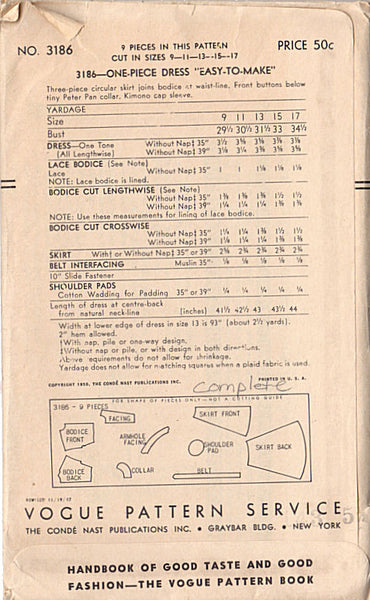 Vintage 1950s Vogue Pattern 3186 Front Button Dress with Kimono Sleeves Bust 31.5 Hip 35.5 - Avid Vintage