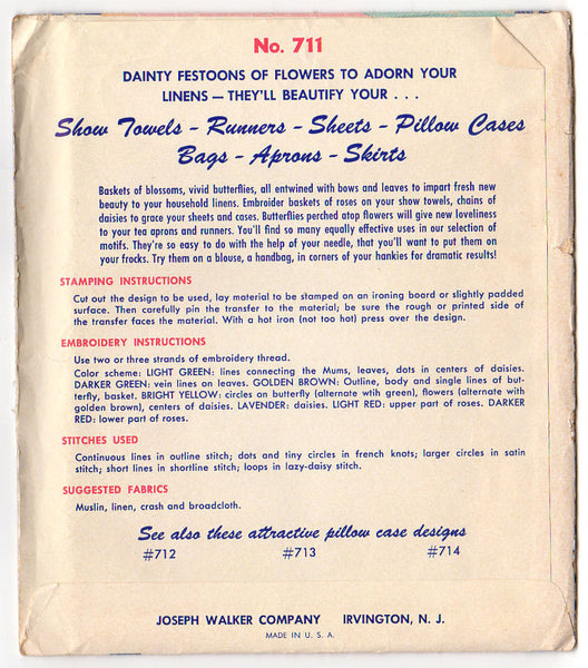 Vintage 1950s Walker's Embroidery Transfer Pattern 711 Butterfly and Floral Motifs - Avid Vintage