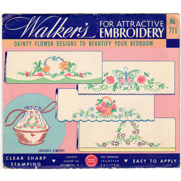 Vintage 1950s Walker's Embroidery Transfer Pattern 711 Butterfly and Floral Motifs - Avid Vintage