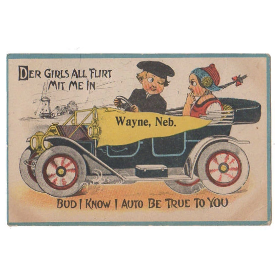 Vintage Wayne Nebraska Pennant Postcard Children Riding in Antique Car - Avid Vintage