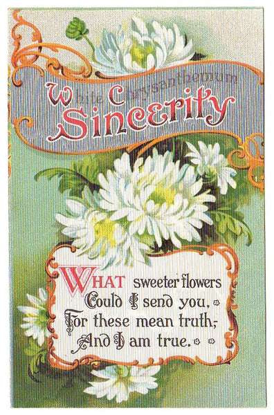 White Chrysanthemum Flowers Sincerity Vintage 1910s Postcard - Avid Vintage