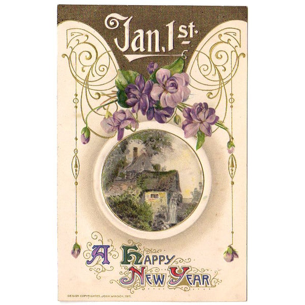 Winsch Happy New Year Vintage 1910s Embossed Postcard Watermill Scene Floral - Avid Vintage