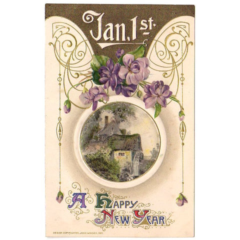 Winsch Happy New Year Vintage 1910s Embossed Postcard Watermill Scene Floral - Avid Vintage