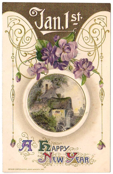 Winsch Happy New Year Vintage 1910s Embossed Postcard Watermill Scene Floral - Avid Vintage