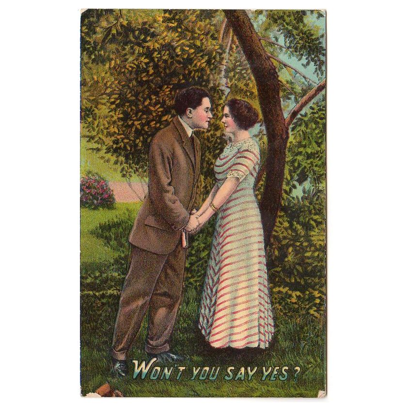 Won't You Say Yes Antique Romance Post Card Couple Holding Hands - Avid Vintage
