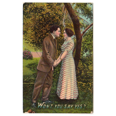 Won't You Say Yes Antique Romance Post Card Couple Holding Hands - Avid Vintage