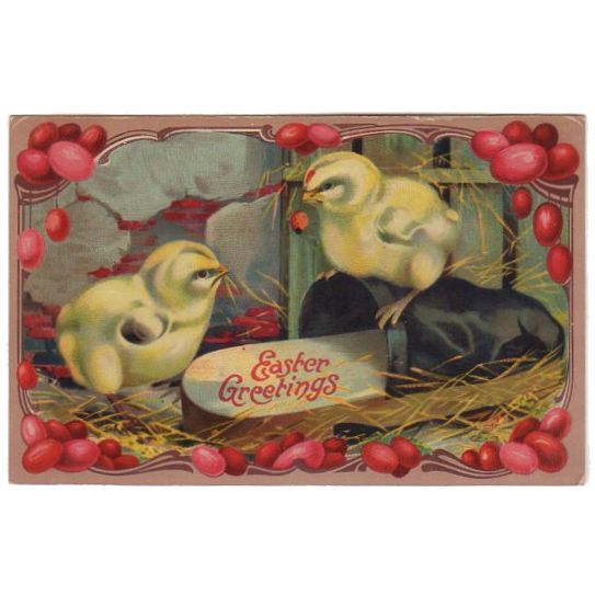Yellow Baby Chicks Red Easter Egg Border Vintage German Postcard - Avid Vintage
