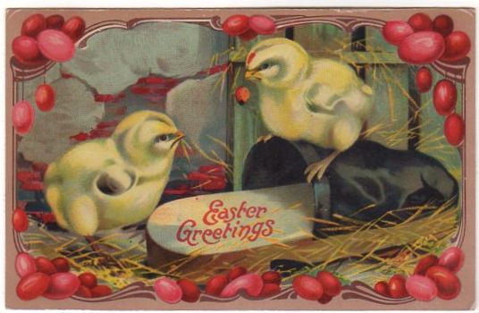 Yellow Baby Chicks Red Easter Egg Border Vintage German Postcard - Avid Vintage