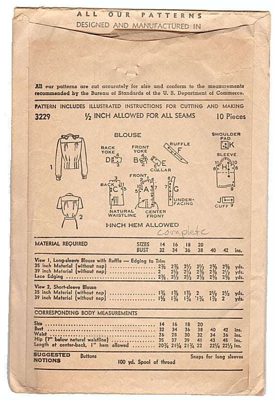 Vintage 1940s Ladies Blouse Advance Pattern 3229 Size 14 Bust 32 - Avid Vintage
