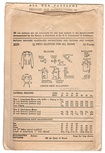 Vintage 1940s Ladies Blouse Advance Pattern 3229 Size 14 Bust 32 - Avid Vintage