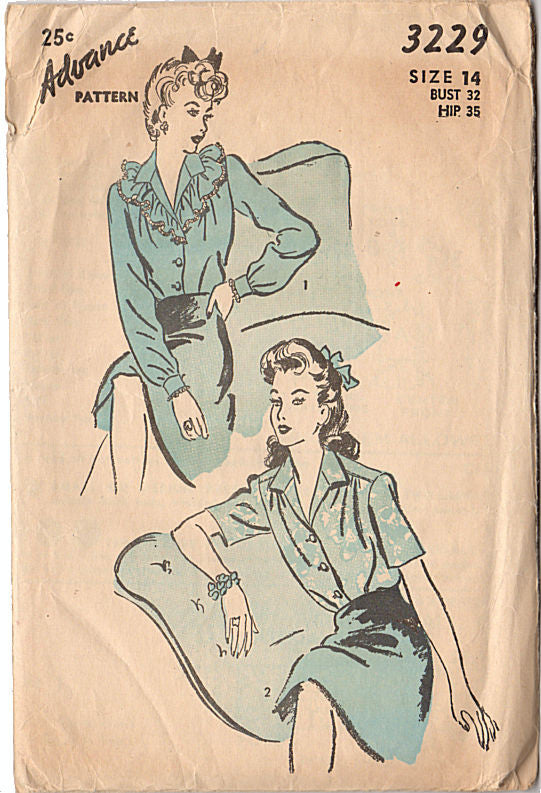 Vintage 1940s Ladies Blouse Advance Pattern 3229 Size 14 Bust 32 - Avid Vintage