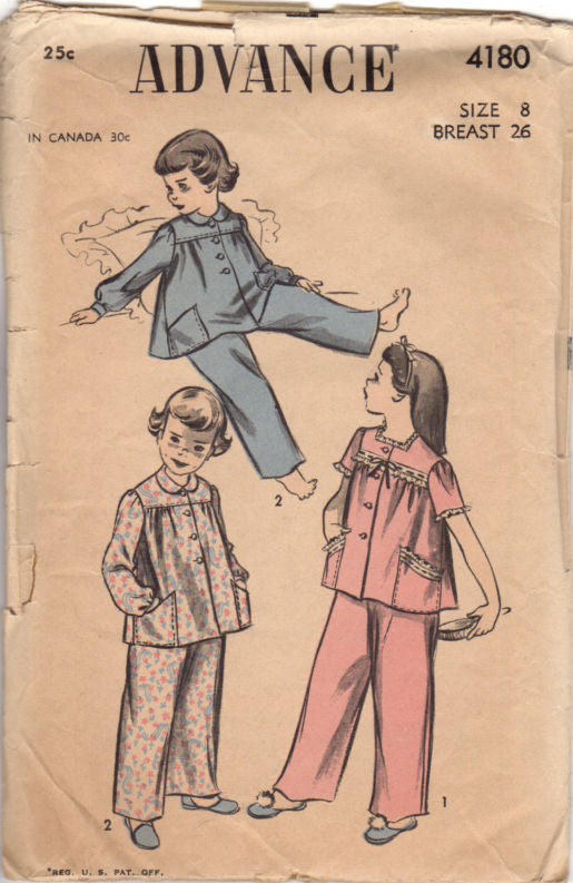 Vintage 1950s Girls Pajamas Sleepwear Advance Pattern 4180 - Avid Vintage