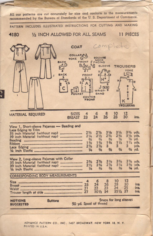 Vintage 1950s Girls Pajamas Sleepwear Advance Pattern 4180 - Avid Vintage