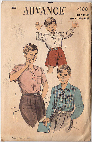 Vintage 1950s Advance Sewing Pattern 4188 Boys Long or Short Sleeve Shirt - Avid Vintage