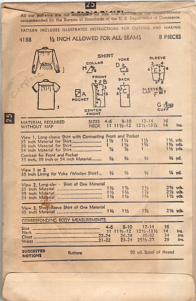 Vintage 1950s Advance Sewing Pattern 4188 Boys Long or Short Sleeve Shirt - Avid Vintage