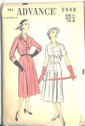 Vintage 1950s Belted Womens Knee Length Dress Advance Sewing Pattern 5948 Bust 30 Hip 33 Waist 25 - Avid Vintage