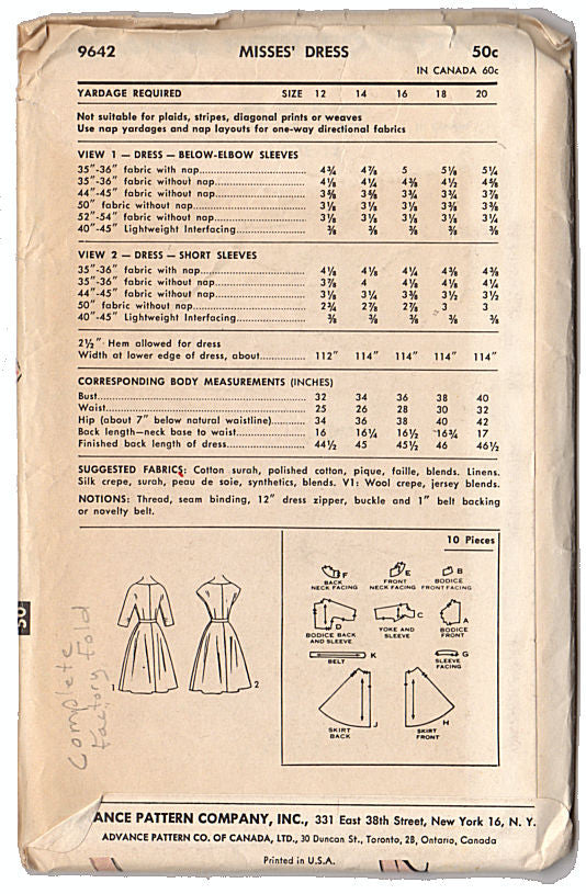Vintage 1960s Advance Dress Pattern 9642 Sz 12 Bust 32 - Avid Vintage
