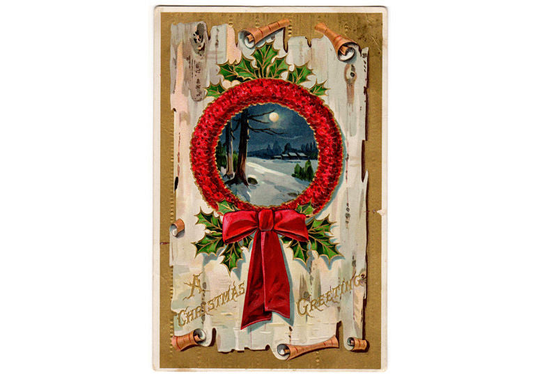 Antique 1910s Christmas Greetings Postcard Farm Scene with Large Red Wreath - Avid Vintage