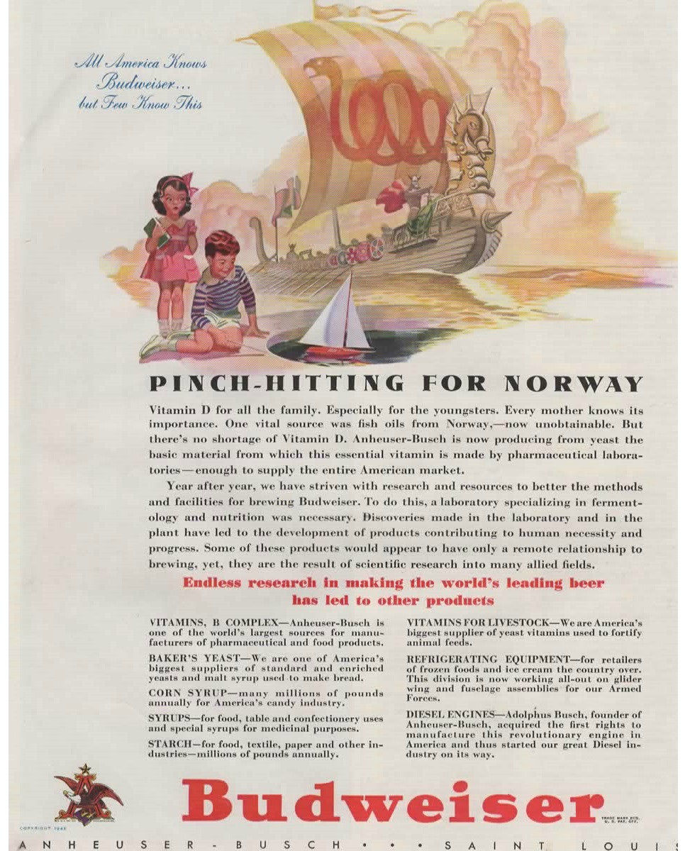 Vintage 1940s Budweiser Magazine Print Ad Viking Ship - Avid Vintage